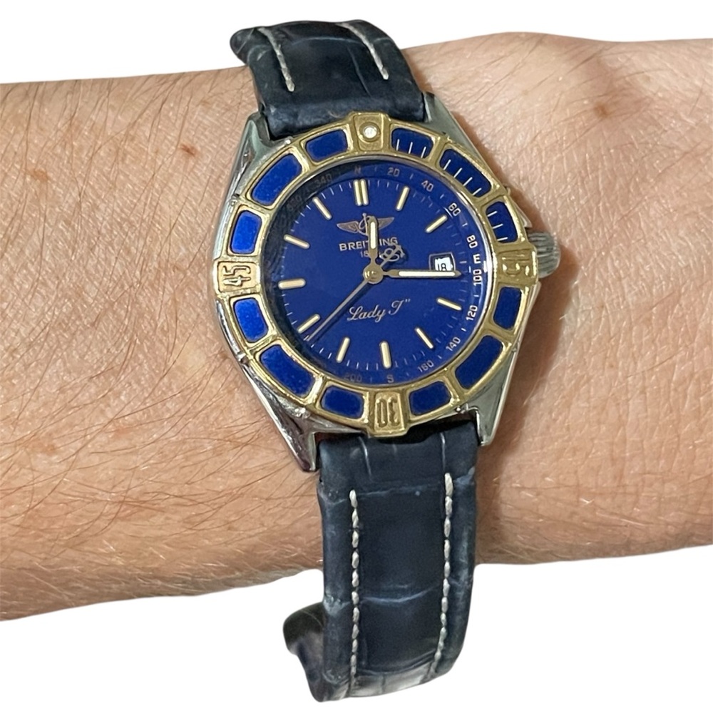 BREITLING Lady J Gold Sapphire Shark Leather Band Women’s Watch